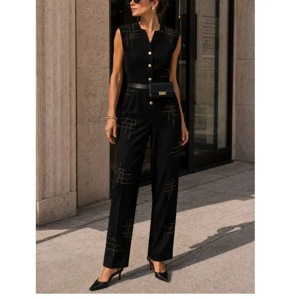 Jennifer Roberts Vintage Black Metallic Studded Jumpsuit one piece art wear S/M - Picture 14 of 14